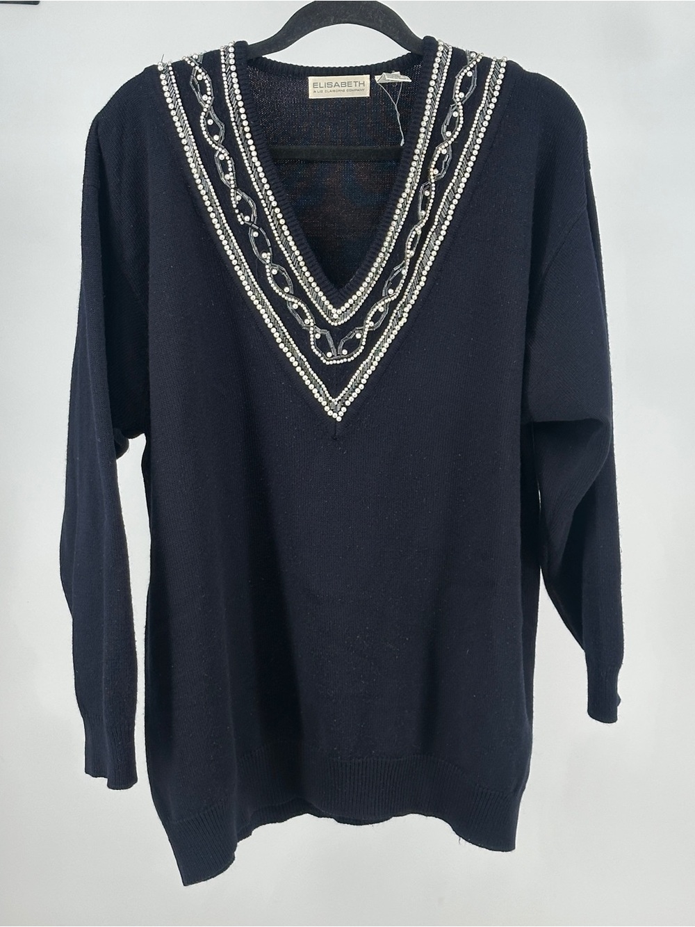 Vintage Liz Claiborne V-Neck Beaded Embellished Women’s Large Wool Blend Sweater